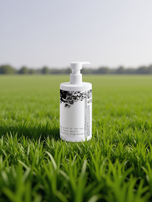 White bottle with black text on a white background