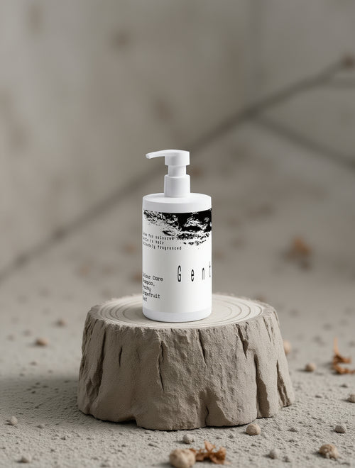 White bottle with a pump on a light gray background